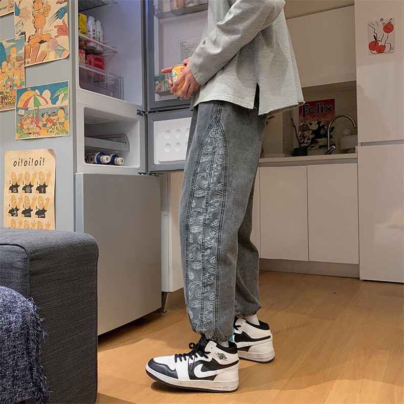 腰果花牛仔裤束脚炸街裤子男痞帅潮流日系高街直筒工装裤N107-P54,男装牛仔裤,星座1008
