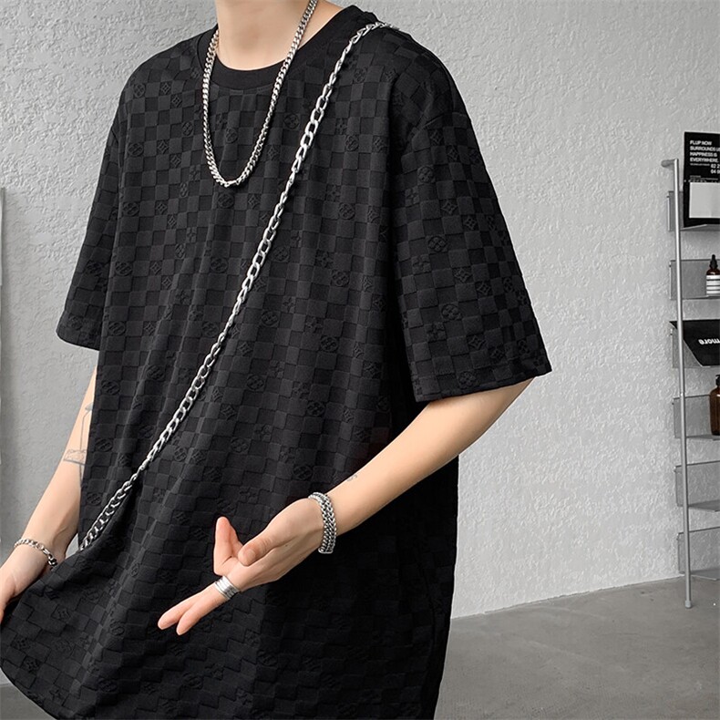 8XL-M特大码短袖男夏季港风棋盘格子T恤冰丝半截五分袖DX323P35,男装T恤,电商D206-1