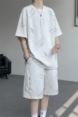 高品质猫爪布美式机车拉链套装夏季新款设计短袖短裤套装特P70，男装休闲套装，电商B319