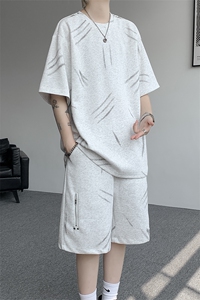 高品质猫爪布美式机车拉链套装夏季新款设计短袖短裤套装特P70图片