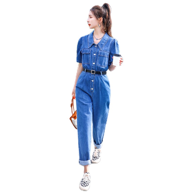 短袖牛仔连体裤女2022夏季新款女装韩版时尚显瘦连衣休闲裤,女装连体裤,慧尚依恋