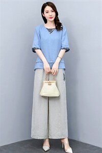 时尚绣花苎麻阔腿裤套装女2024年夏季休闲宽松高端妈妈棉麻两件套图片