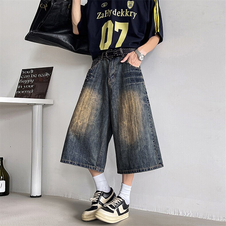 美式复古阔腿七分牛仔裤男女夏季宽松休闲直筒中裤N06682-P48,男装牛仔裤,星座308B-1