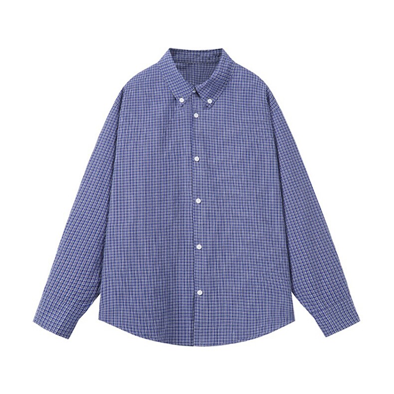 1506/QC500/P38衬衣蓝色慵懒长袖衬衫男女百搭宽松格子外套,男装衬衫,星座1506