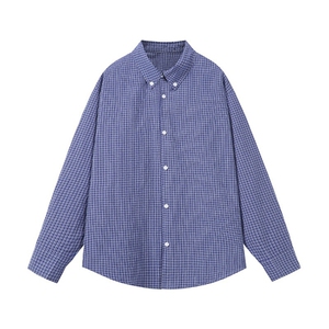 1506/QC500/P38衬衣蓝色慵懒长袖衬衫男女百搭宽松格子外套图片