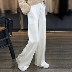 针织阔腿裤女秋冬新款高腰垂感开叉抽绳系带宽松直筒，女装休闲裤，越洋羊