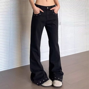 复古铆钉微喇牛仔裤男女小众美式cleanfit设计感休闲显瘦直筒长裤图片