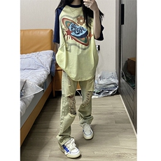 B221泥黄色高街小众ins美式拉链破洞牛仔裤子LK22041-P55控68，男装牛仔裤，电商B221