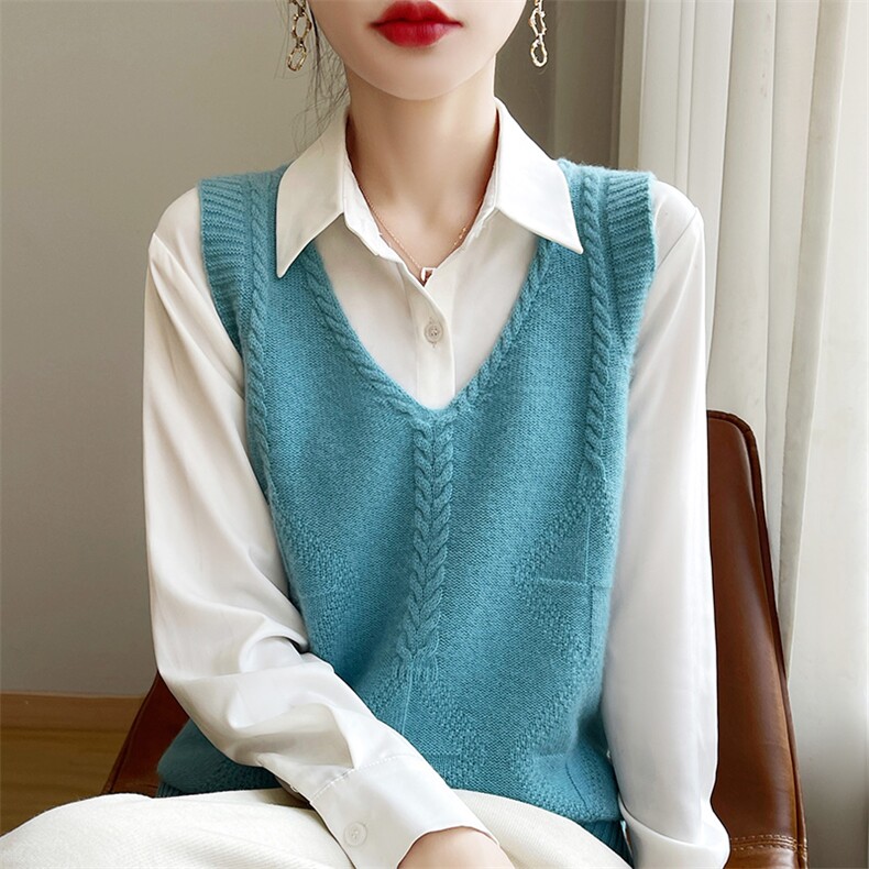 v领新款菱形针织马甲女无袖纯色马甲简约百搭宽松套头,针织衫/毛衣,戎洋