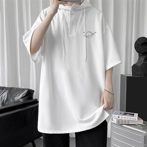 LD54238-P45 连帽短袖t恤男大码胖子带帽五分袖中袖图片