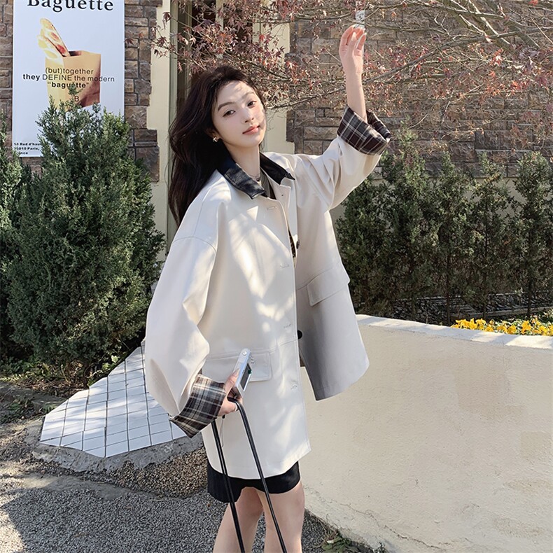 撞色卡其色格子风衣外套女2025春秋新款韩系小个子高级感翻领大衣图片