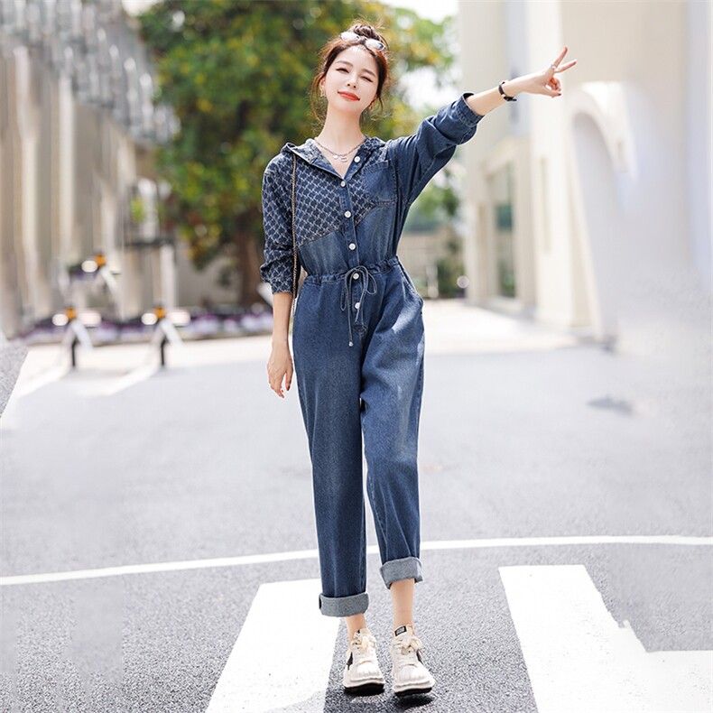 时尚显瘦牛仔连体裤抽绳收腰设计百搭休闲风,女装连体裤,钱塘布衣