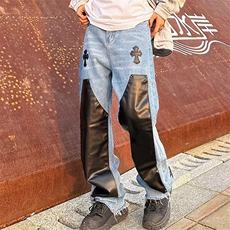 美式街头复古拼接PU皮十字架牛仔裤男高街潮牌贴皮刺绣NKC04P65，男装牛仔裤，星座1116-2