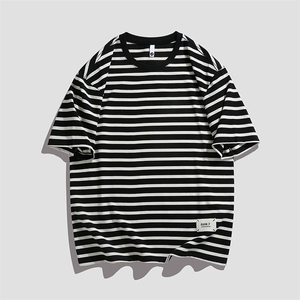 短袖男夏季新款港风宽松圆领条纹T恤T81166-P40图片