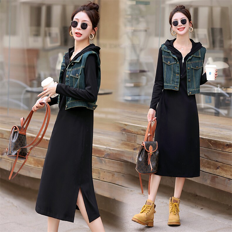 牛仔连衣裙女2025春秋新款高级感法式气质卫衣裙休闲显瘦马甲套装，女装套装/套裙，意芙