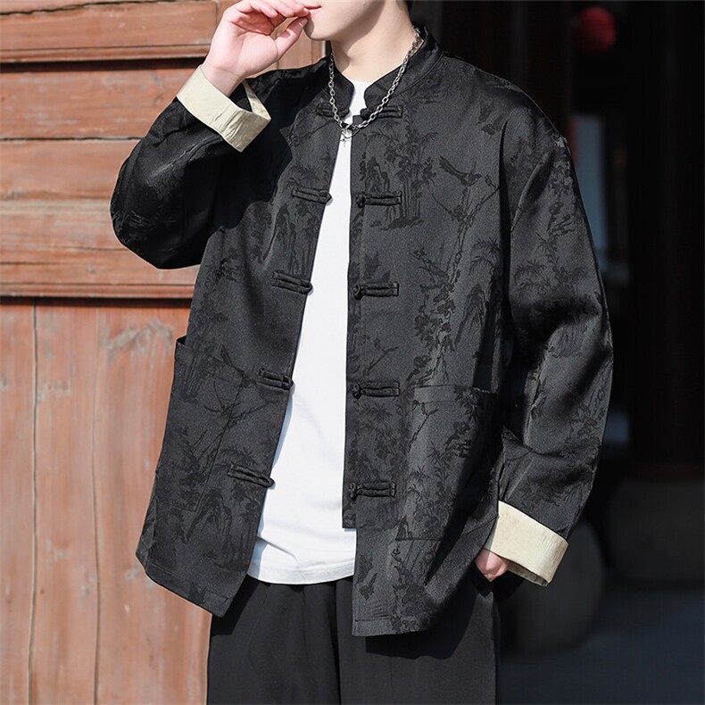风衬衫男士长袖提花盘扣小开衫翻袖撞色黑色KS513-P85控98,男装衬衫,电商A021