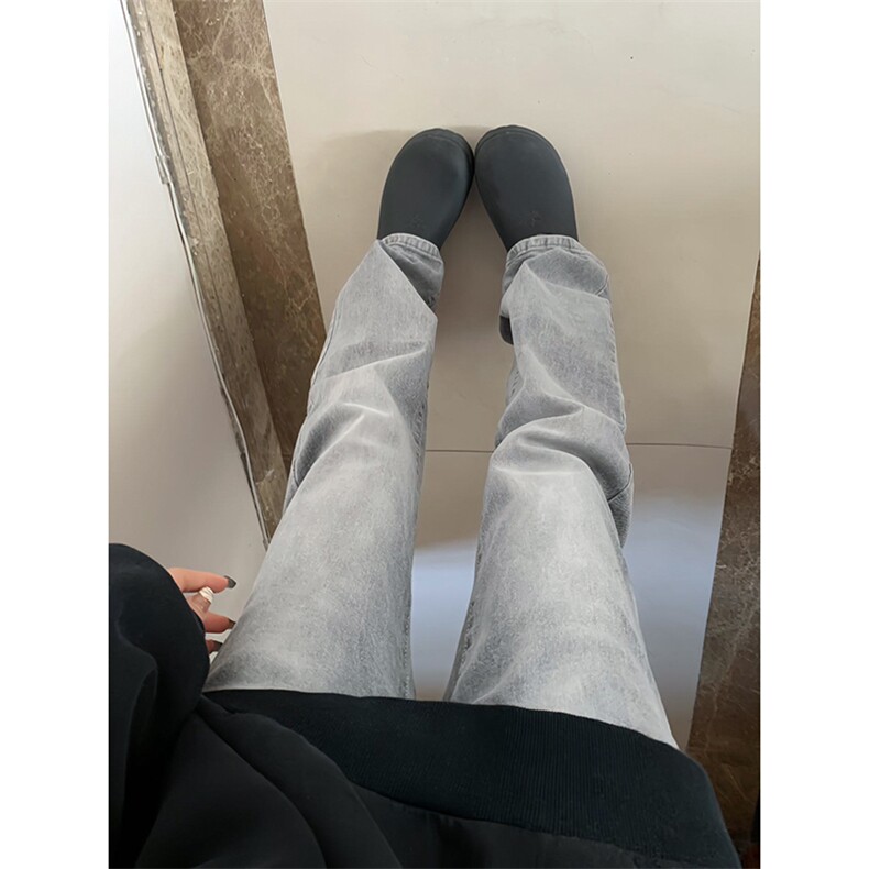 B221美式高街水泥灰弹力直筒牛仔裤LK24146-P60控79 加绒P70控99图片