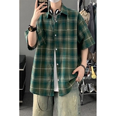 夏季韩版潮流复古格子短袖衬衫翻领帅气衬衣DSA157B-CS4231-P38，男装T恤，电商A157B
