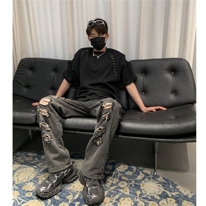 DYT02-P58男夏季宽松T恤短袖高街t恤痞帅金属铆钉上衣,男装T恤,电商B327