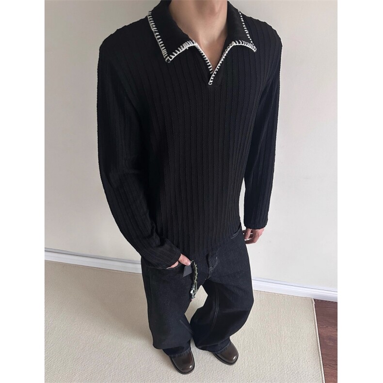 现货DISOBEY美式老钱风缝线肌理感翻领长袖慵懒polo衫CX11-TP43,男装Polo衫,星座910A