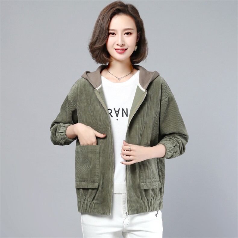 灯芯绒短款百搭连帽宽松外套女2025春秋新款韩版大码女装夹克上衣,女装短外套,丽影随形