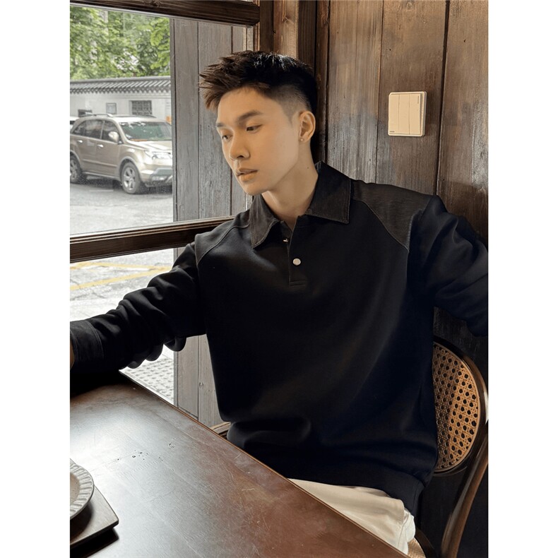 现货『轻启秋日松弛自洽』高级拼色设计感Polo领上衣长袖卫衣,男装卫衣,星座910A
