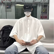 短袖衬衫男士设计感高级垂感新中式男装风无领衬衣CSL120，男装T恤，星座516A