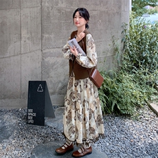 法式碎花连衣裙套装女2025秋季新款高级气质单排扣马甲长裙两件套，女装套装/套裙，2C305
