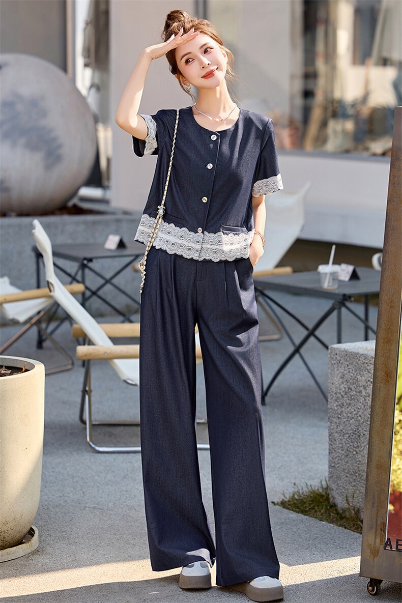 法式时尚蕾丝拼接套装女2025夏新款高级感韩系气质穿搭阔腿裤套装,女装套装/套裙,韩宇舍