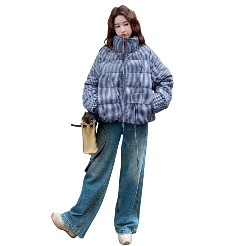 时尚保暖格纹羽绒服女2025年冬季新款韩版白鸭绒显瘦防风立领外套,女装羽绒服,2C086
