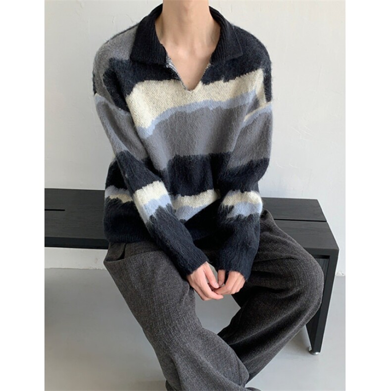 覆古不规则撞色条纹毛衣男女秋冬慵懒风彷貂polo领针织衫MY9822,男装针织衫/毛衣,星座1116A（原606A-3）
