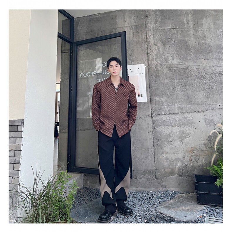 韩版小众个性肌理格纹拉链垫肩翻领长袖男衬衣痞帅防晒衬衫102P80,男装衬衫,星座901-1（原C217）