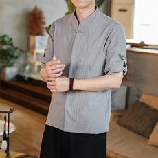 风纯色大码衬衣男士休闲衬衫七分袖立领复古盘扣男装CS510-50，男装衬衫，钱塘788(原4013)