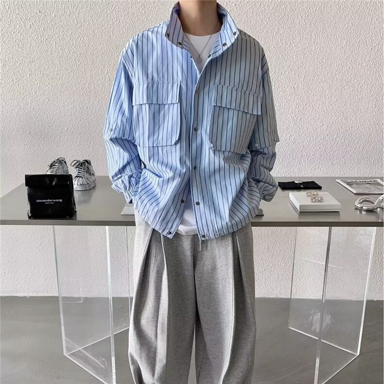 日系浅色条纹衬衫外套男潮流痞帅宽松休闲少年感简约口袋长袖衬衣,男装衬衫,星座506A