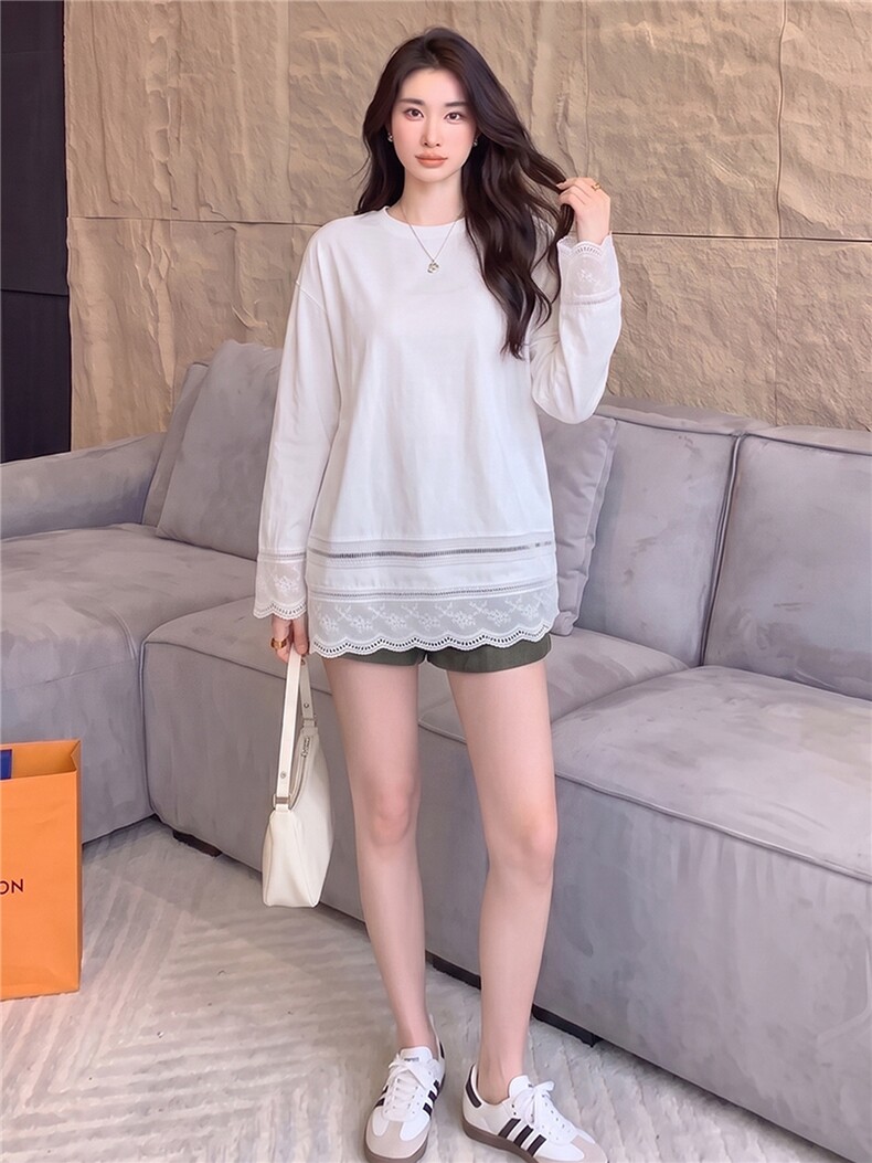 高级感时尚潮流套装女夏季款宽松圆领镂空花边上衣牛仔短裤两件套,女装套装/套裙,江南