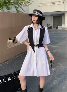 夏新款，真二件套西装领压皱连衣裙图片