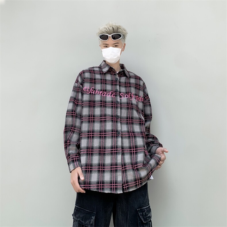 新款美式高街格子长袖衬衫男秋季宽松潮流衬衣外套C5026,男装衬衫,星座813-2