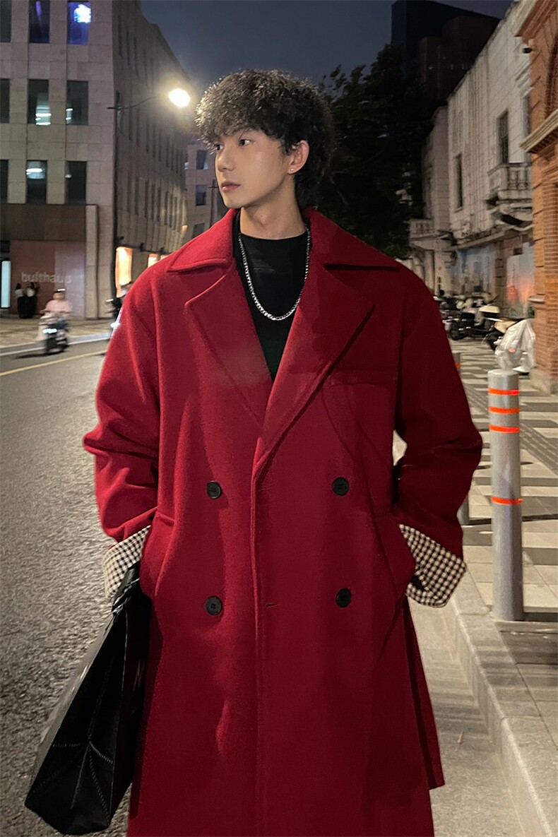 秋冬新年喜庆毛呢大衣男潮风衣宽松中长外套MN00731/P100加棉P110,男装风衣,电商B316