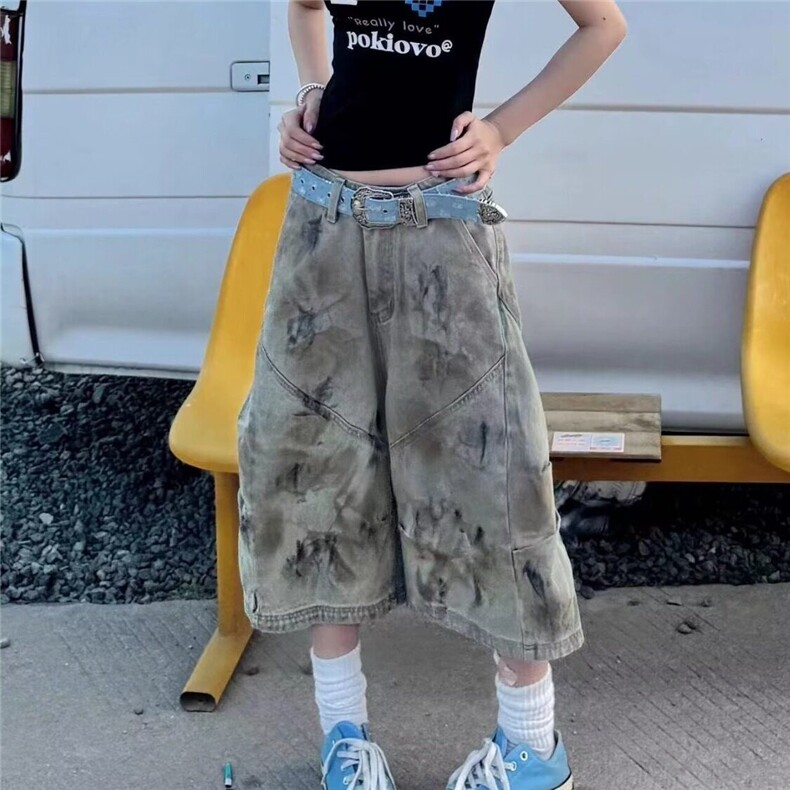 美式脏染阔腿牛仔七分裤男女夏季做旧废土风黄泥弯刀裤LD288-P52,男装牛仔裤,星座1008