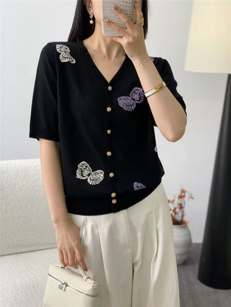 天丝莱赛尔蝴蝶提花V领短袖,女装T恤,晨旭羊绒