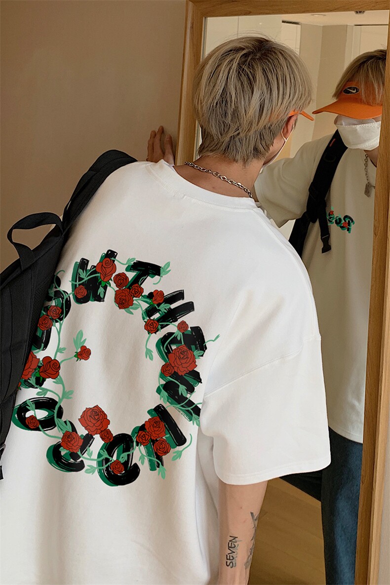 港风纯棉夏季休闲宽松纯色玫瑰花短袖T恤男女潮T6047P25控38,男装T恤,电商A268A