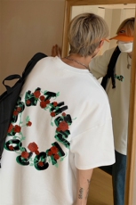 港风纯棉夏季休闲宽松纯色玫瑰花短袖T恤男女潮T6047P25控38，男装T恤，电商A268A