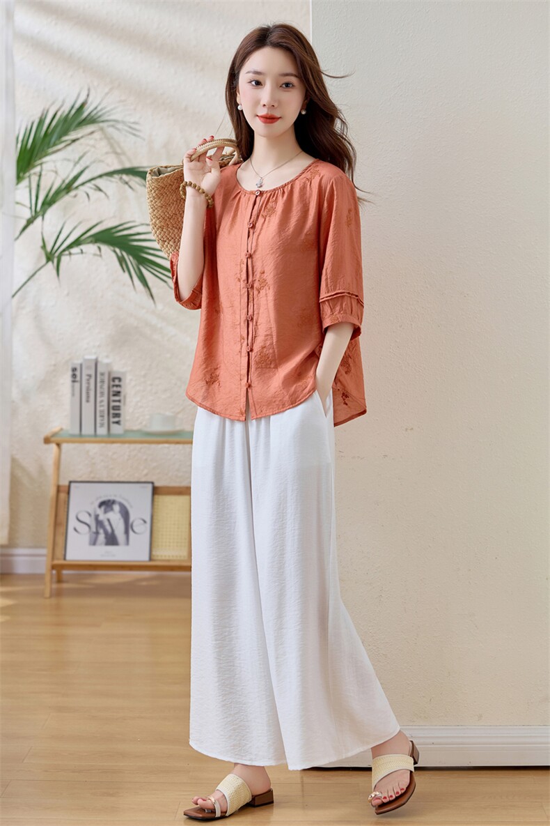 新中式国风套装女2025夏季新款高级感气质显瘦上衣阔腿裤两件套,女装套装/套裙,魅影