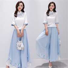 民族风女套装2024夏季新款复古中国风刺绣改良旗袍汉服裙裤两件套，女装套装/套裙，芷墨服饰