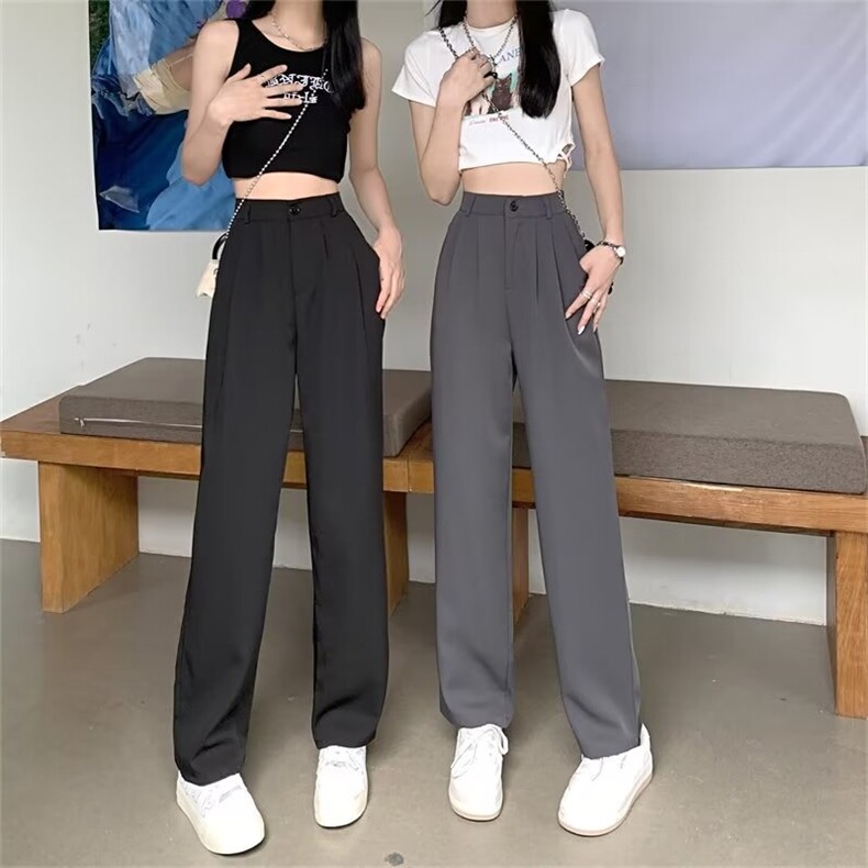 灰色西装裤垂感高腰显瘦休闲直筒裤小个子阔腿裤女，女装休闲裤，中性港风女装