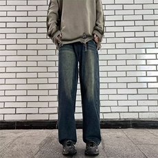 美式复古宽松阔腿休闲裤垂坠感男vintage水洗做旧牛仔裤KT07-P48，男装牛仔裤，星座1109-3