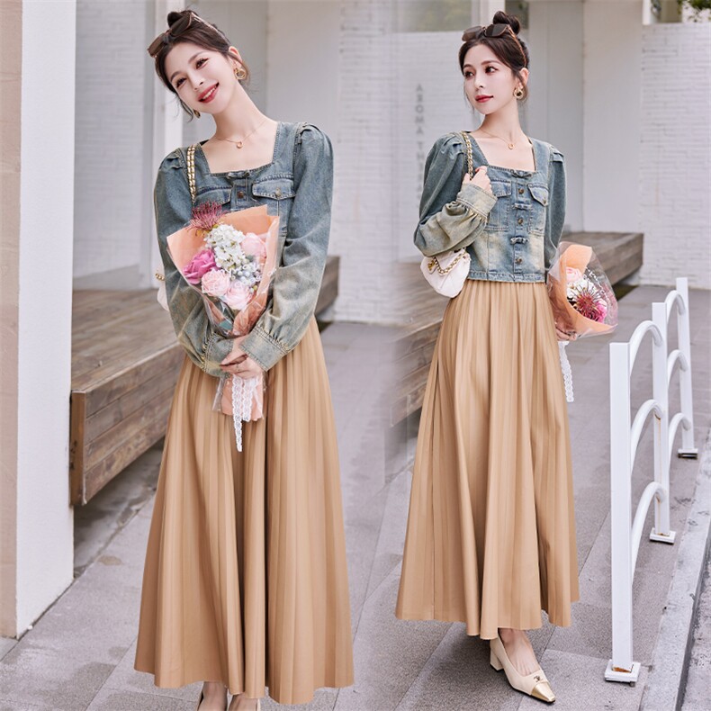 牛仔压褶皮裙套装女秋高级感时尚网红减龄洋气2023新款气质两件套，女装套装/套裙，韩蜜菓