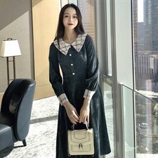 2021春季新款时尚优雅气质格纹拼接灯芯绒连衣裙，女装连衣裙，深水步