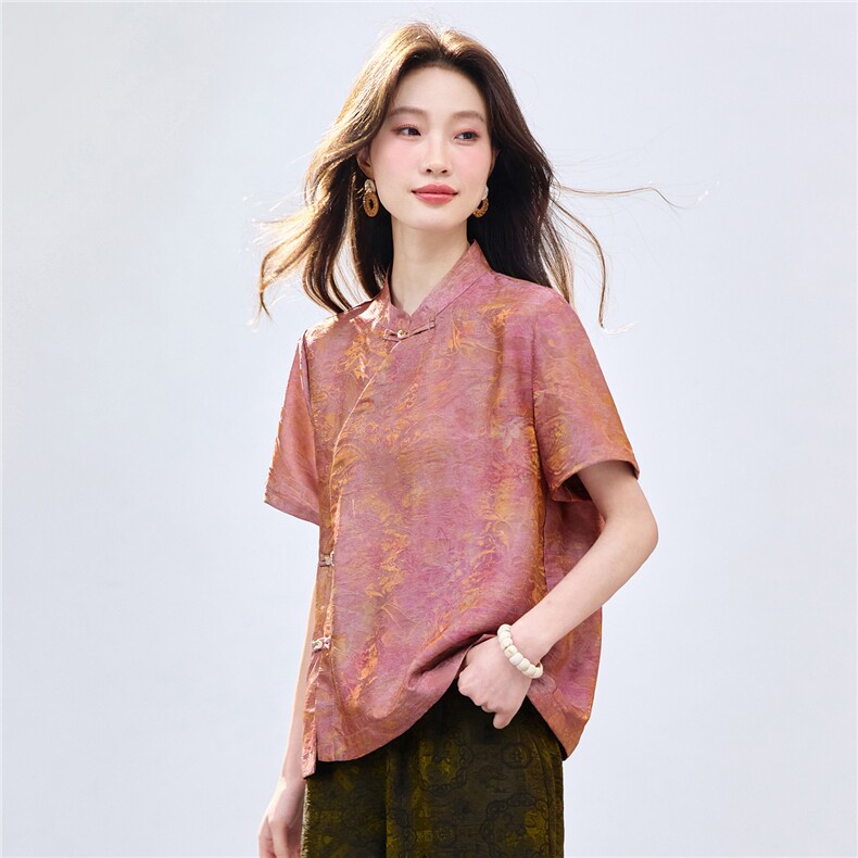 长期现货2026新中式印花上衣女夏季薄款透气短袖衬衫中老年妈宽松,女装衬衫,璐依舞