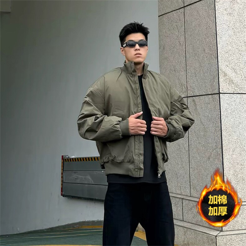 抖音得物 美式潮休闲夹克春季立领纯色复古工装加厚棉服外套MF01图片